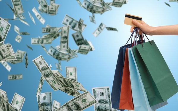 The picture depicts a money flying around excessively in the air and shopping bags 