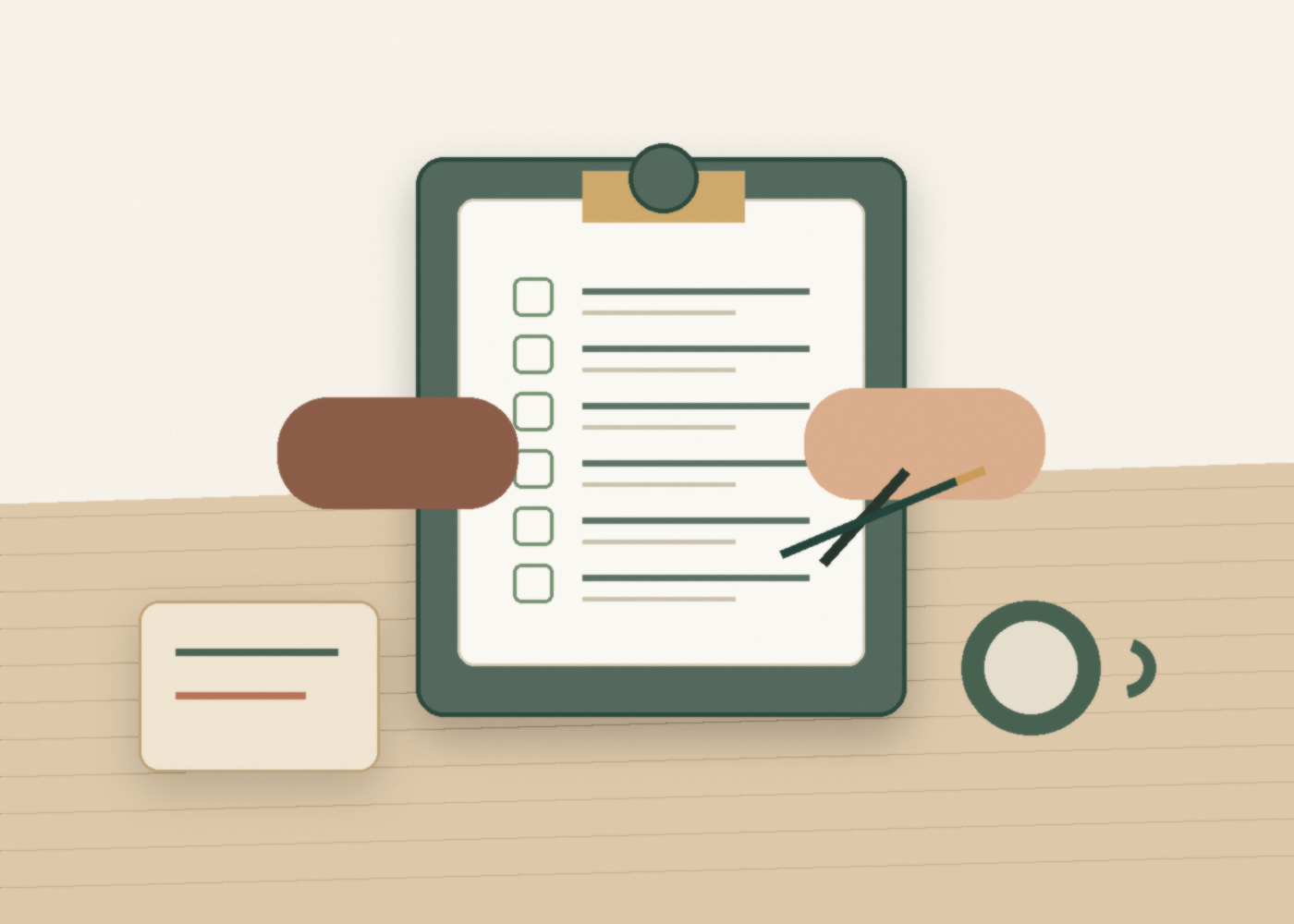 Illustration of a clinical assessment checklist on a desk.